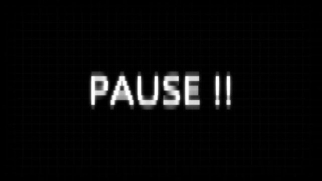 Pause text control animation features white pixelated typography indicators. Text control break indicator flashes warning marks on grid panels. Control animation title looks clean and minimal.