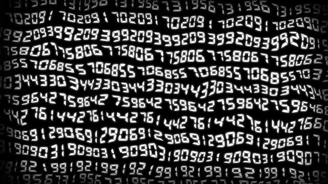 Digital numbers matrix animation displays wavy tracking rows over black. Numbers matrix data stream highlights electronic computing statistics logs. Matrix animation design loops seamlessly.