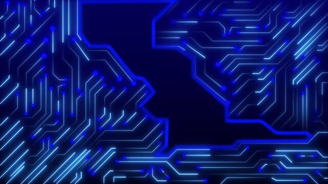 Circuit board technology animation features blue neon nodes on dark. Board technology network graphics provide deep virtual computing layouts. Network graphics loop perfectly for text.