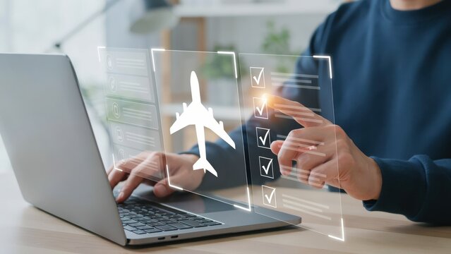 Man booking flight online using virtual interface with checklist on laptop