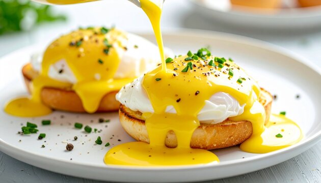 Delicious eggs Benedict with toasted English muffins, poached eggs, and creamy hollandaise sauce drizzled on top for breakfast