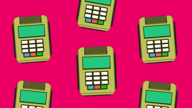 Cartoon style animation of various credit card payment terminals falling against a red background, money, drawing, 2D, art.