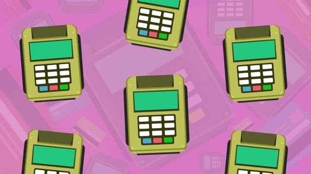 Cartoon style animation of various credit card payment terminals falling, background, money, drawing, 2D, art.