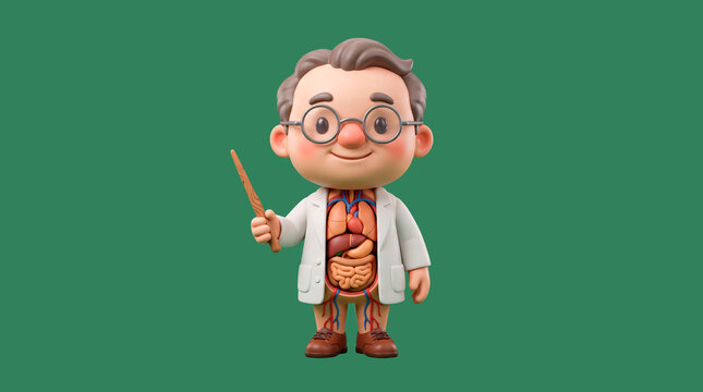 A professional friendly elderly male doctor character wearing a white coat and glasses holding a pointer standing confidently to provide medical consultation and health advice in healthcare body