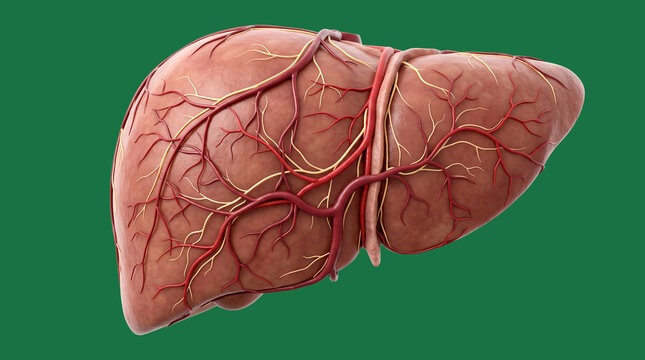 Detailed depiction of a human liver highlighting the organ's vascular structure and textured surface showcasing its crucial role in metabolism detoxification and overall health in the biological syste