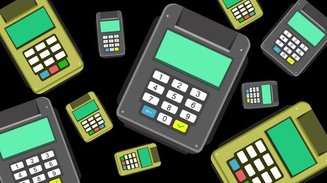 Cartoon style animation of various credit card payment terminals on a black background, money, drawing, 2D, art.