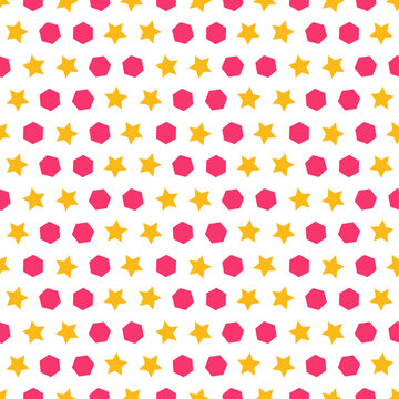 Seamless Geometric Pattern with Yellow Stars and Pink Hexagons on Minimalist White Background