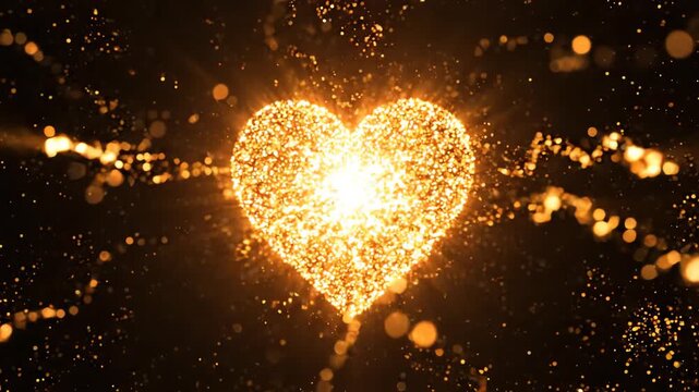 Abstract glowing heart formed by thousands of vibrant golden particles pulsating and radiating light in a dark void