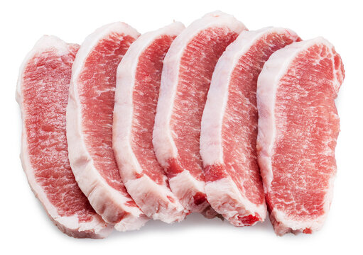 Slices of pork loin meat isolated on white background. File contains clipping path.