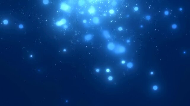 Blue glowing particles float and drift softly against a dark blue background. Subtle transparency and soft blur create a calm, ethereal atmosphere suited for ambient and graphic design uses.
