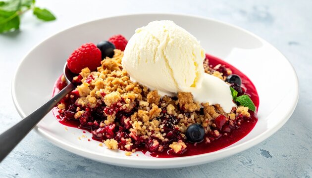 Delicious Mixed Berry Fruit Crumble Dessert Topped With A Fresh Scoop Of Creamy Vanilla Ice Cream Served In A White Bowl On A Light Background