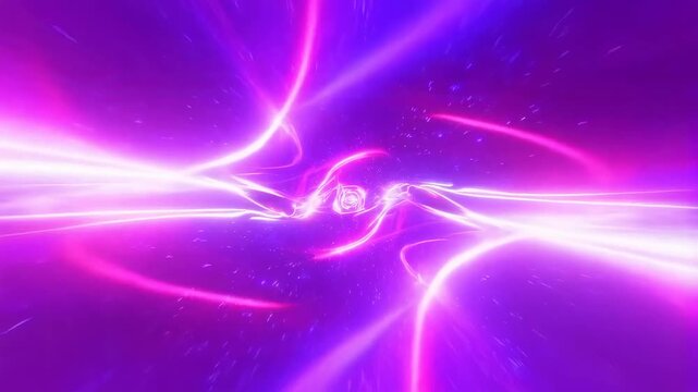 Glowing purple and pink light strands flow and rotate around a bright white core in a dark gradient tunnel. Abstract energy backdrop featuring flowing motion and vivid light.