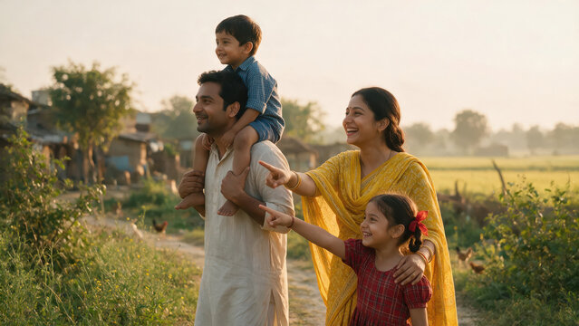 happy indian villager family enjoying together at outdoor