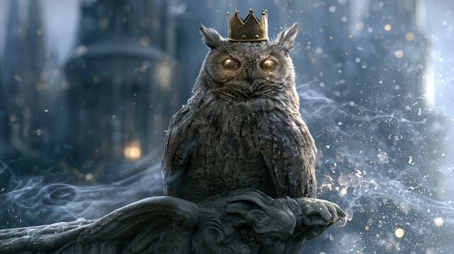 Majestic owl wearing small golden crown perched on stone gargoyle of gothic castle, glowing eyes positioned in enchanted garden clearing