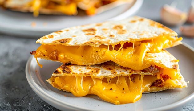 Delicious Grilled Cheese Quesadilla With Molten Stretchy Filling Served Warm on a Plate
