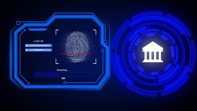 Biometric fingerprint scan and bank icon on futuristic blue digital interface login authentication