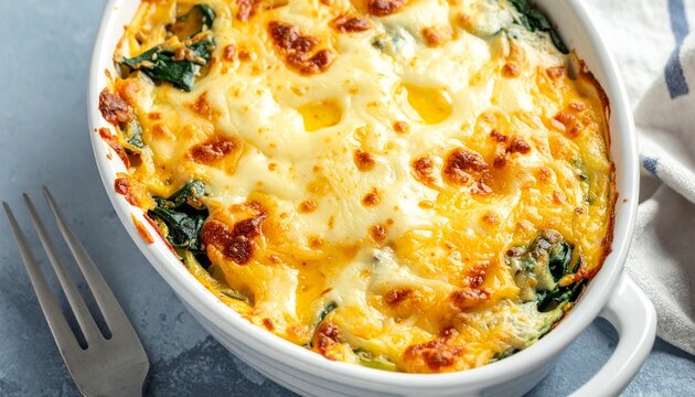 Creamy Homemade Spinach and Cheese Casserole Bake in a White Ceramic Dish for a Savory Appetizer or Comfort Food Side Dish