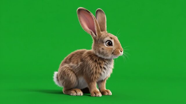 Animated fluffy brown rabbit hopping across a bright green screen background for chroma key compositing