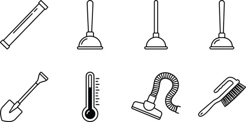 Plumbing and cleaning tool line icon set featuring plunger pipe shovel thermometer vacuum cleaner hose and brush vector © MOMINA