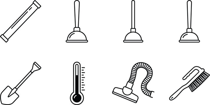 Plumbing and cleaning tool line icon set featuring plunger pipe shovel thermometer vacuum cleaner hose and brush vector