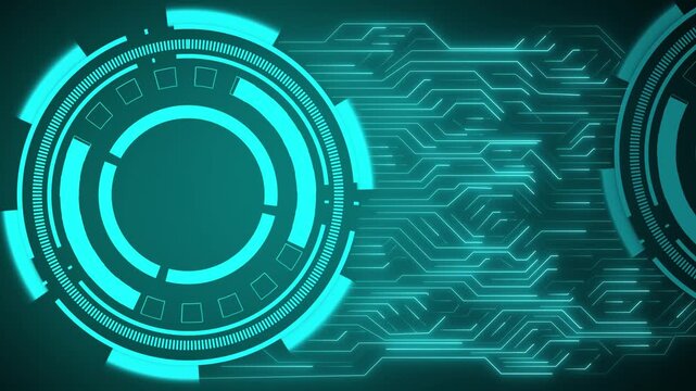 Technology digital HUD animation displays cyan circular interface lines. Digital HUD microchip pattern provides futuristic cyber vector tracking. HUD animation loops perfectly for video.