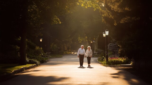 A golden hour stroll down a park avenue, where an elderly couple walks hand-in-hand, bathed in soft sunlight filtering through lush trees.