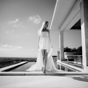 Elegant woman in flowing white dress walking on infinity pool edge at luxury villa resort in black and white