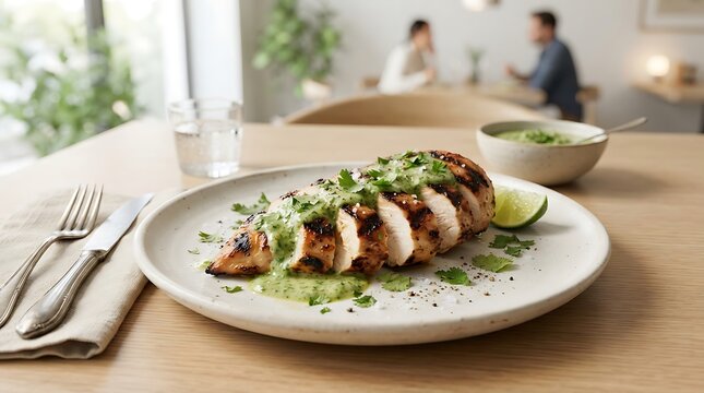Grilled chicken breast sliced and topped with a vibrant green herb sauce, served on a rustic plate with a lime wedge and a side of sauce in a bowl