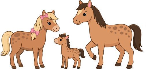 Naklejka premium Cute Cartoon Horse Family Vector Illustration Featuring Mare Stallion and Little Foal for Farm Animal Nursery Decor and Kids Sticker Graphic Designs
