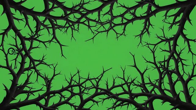 Black thorny branch silhouette creeping and wrapping around the edges of the frame against a bright green screen for seamless video compositing transition