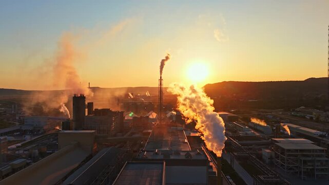 The sun rises over a large industrial area. Smoke is seen rising from several factories. The scene captures the start of a new day and the ongoing activities of the facilities.