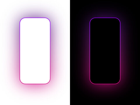Phone Mockup with Pink Purple Neon Glow Frame, Blank White and Dark Smartphone Screen Template for App and Mobile UI Design