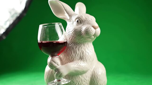 Ceramic Easter bunny figurine holding a glass of red wine against a vibrant green studio background with subtle panning motion