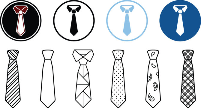 Necktie icon set vector illustration featuring patterned business ties inside circles for formal suit attire apparel design