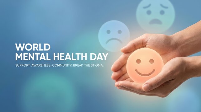 World mental health day support awareness community break stigma with smiling face.
