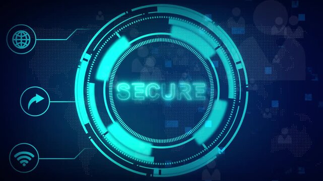 Security technology network animation displays teal safe system panels. Technology network world map interface features international proxy grids. Network animation layout looks clean.