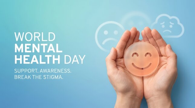 World mental health day support awareness community break stigma with smiling face.