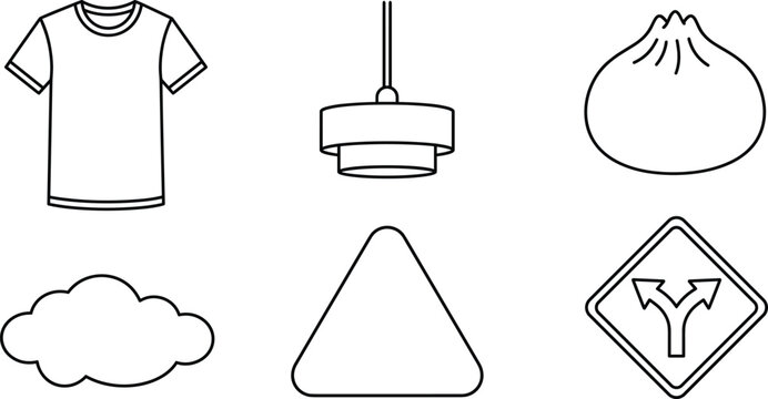 Mixed line icon set featuring t-shirt clothing hanging ceiling lamp dumpling cloud geometric triangle and split road sign vector
