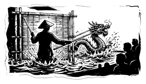 Vietnamese water puppetry performance with a traditional dragon and a performer in woodcut engraving style