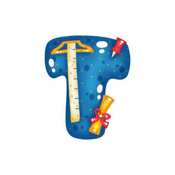 Blue capital letter T with T-square ruler, rolled diploma scroll, and red push pin, isolated on transparent background
