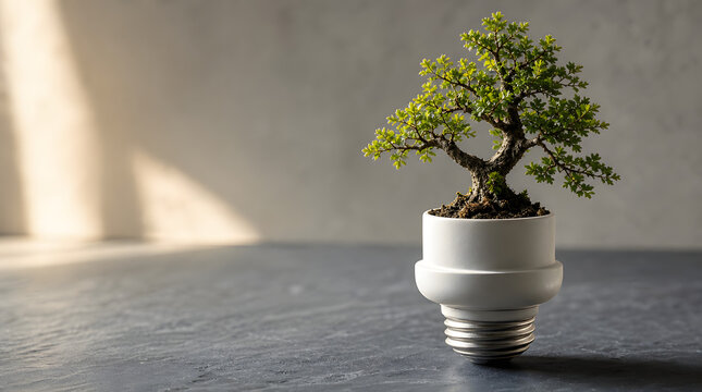 Green bonsai tree growing inside a light bulb, symbolizing eco-friendly energy and innovation