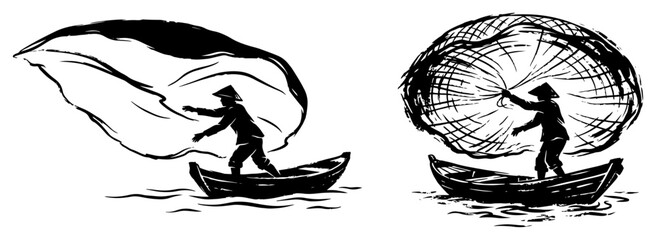 Fishermen casting round fishing nets from small boats in linocut style © Anna