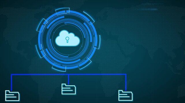 Technology data storage animation links cloud lock icons to files text. Data storage world map dashboard tracks international cyber accounts. Storage animation loop looks very professional.