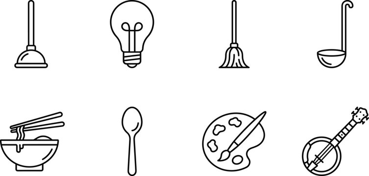 Mixed lifestyle line icon set featuring plunger lightbulb broom kitchen ladle noodle bowl spoon paint palette banjo vector