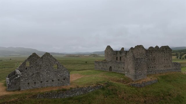 Aerial drone view of Ruthven Barracks near Kingussie, a historic 18th-century fortress in the Scottish Highlands, Scotland.