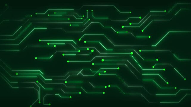 Circuit board technology animation features abstract green glowing digital paths. Board technology graphic background serves as clean high tech screen illustration. Digital paths layout loops nicely.