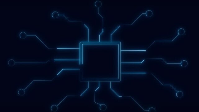 Processor microchip hardware animation displays a futuristic blue central processing unit. Microchip hardware data grid highlights radiating network nodes. Core processor system loops cleanly.