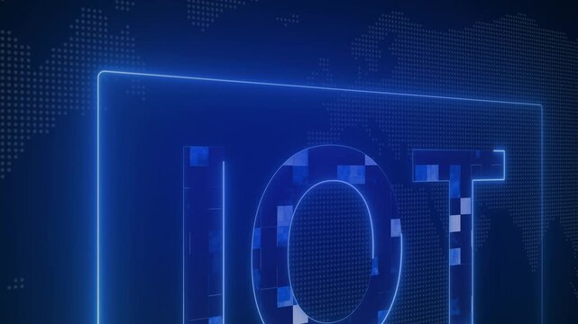 Internet of things technology animation displays blue IoT text lines. Things technology network map background features internet proxy tracking. Technology animation style looks sleek.