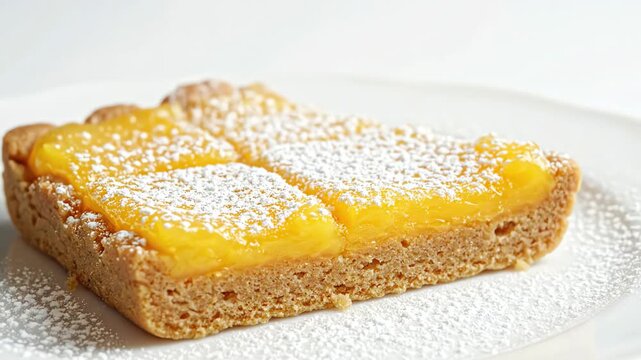 Close up shot of a homemade asymmetrical lemon bar on a clean white background with powdered sugar falling gently onto the citrus curd surface