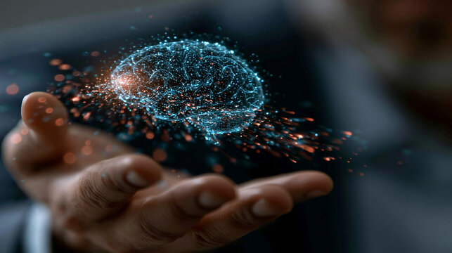 Human hand presenting a floating neural network brain particle